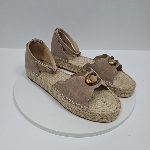 NIB Coach Dillon Suede Espadrille Platform Sandals 7 B Taupe Ankle Strap Jute - Picture 1 of 16